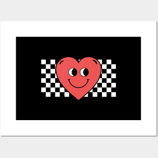 Retro Vintage Aesthetic Heart Smiley Emoji with Chess Board Black and White Posters and Art